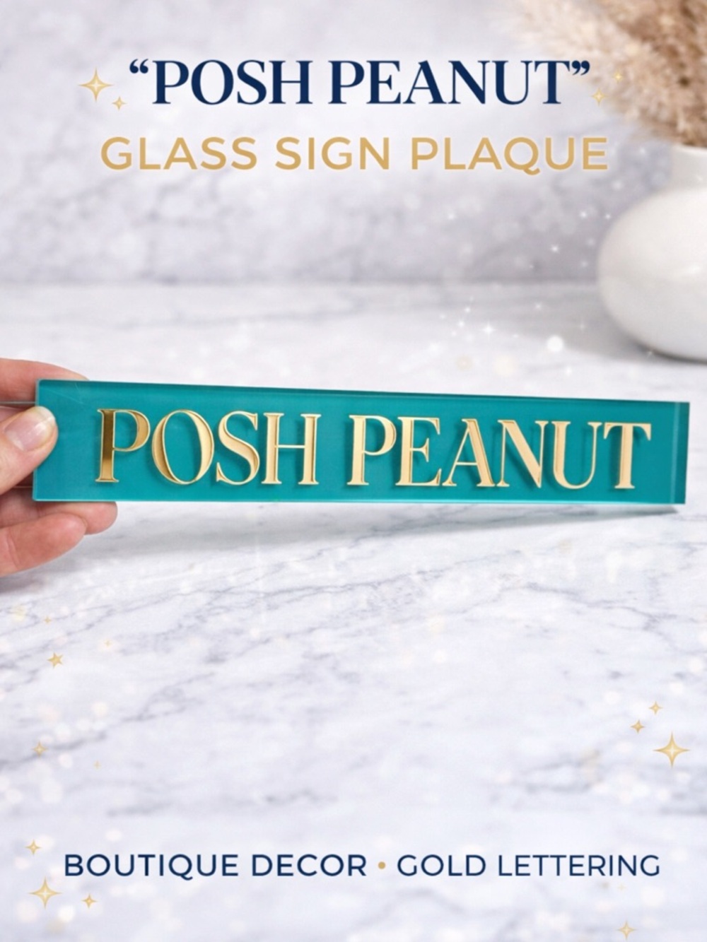 “Posh Peanut” Glass Sign Plaque Gold Lettering Boutique Decor